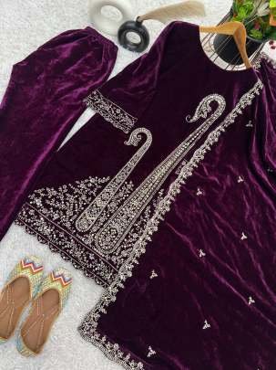 New Arrival Wedding Wear Wine Multi Work Viscose Velvet Suits