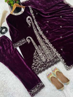 New Arrival Wedding Wear Wine Multi Work Viscose Velvet Suits
