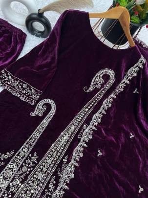 New Arrival Wedding Wear Wine Multi Work Viscose Velvet Suits