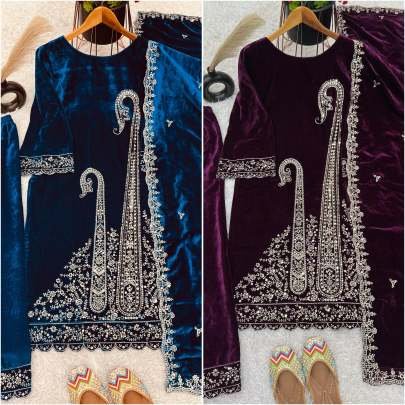 New Arrival Wedding Wear Wine Multi Work Viscose Velvet Suits