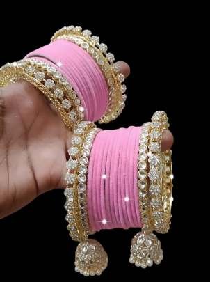 New Baby Pink Velvet With Golden Jhumki Set From Fab Funda