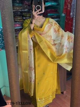 New Beautiful Yellow Pure Chinon Silk Kurti Pant Set