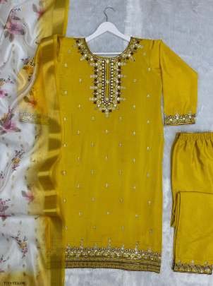 New Beautiful Yellow Pure Chinon Silk Kurti Pant Set