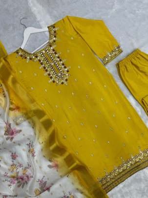 New Beautiful Yellow Pure Chinon Silk Kurti Pant Set