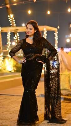 New Black Net Saree With Jhalar Border