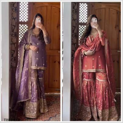 Exclusive Collection Ready To Wear Red Chinon Silk Gharara Suit