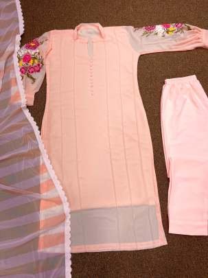 New Design Georgette Peach Kurti Pant With Dupatta Set
