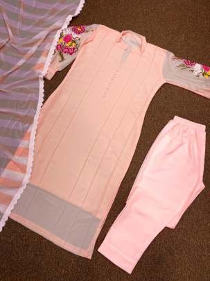 New Design Georgette Peach Kurti Pant With Dupatta Set