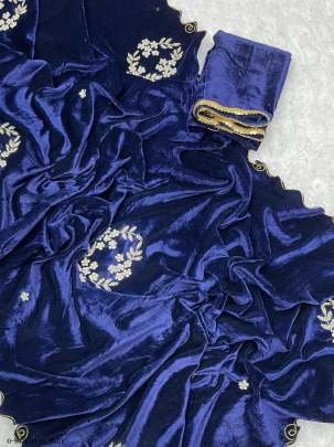 New Design Royal Blue Velvet Saree