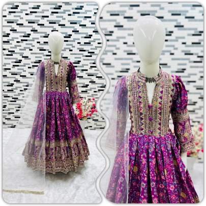 New Designer Chinon Silk Digital Print Purple Kids Gown