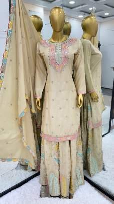 New Designer Party Wear Cream Sharara Suit Set 