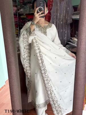 New Designer White Pure Chinon Kurti Pant Dupatta Set