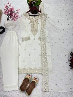 New Designer White Pure Chinon Kurti Pant Dupatta Set