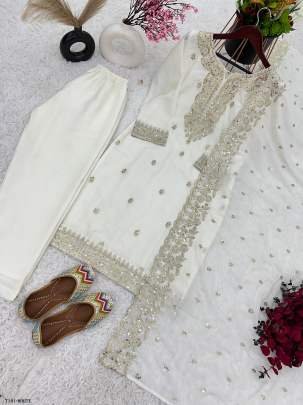 New Designer White Pure Chinon Kurti Pant Dupatta Set