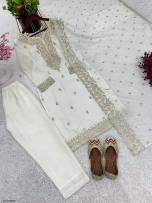 New Designer White Pure Chinon Kurti Pant Dupatta Set