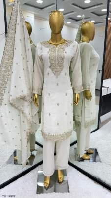 New Designer White Pure Chinon Kurti Pant Dupatta Set