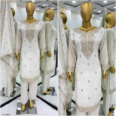 New Designer White Pure Chinon Kurti Pant Dupatta Set