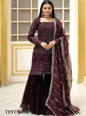 New Designer Wine Georgette Sharara Suit