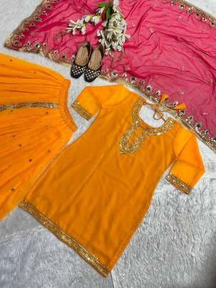 New Designer Yellow with Pink Top Dhoti and Dupatta
