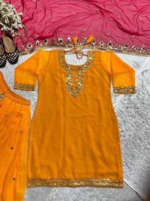 New Designer Yellow with Pink Top Dhoti and Dupatta