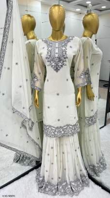 New Faux Georgette Embroidered Work White Gharara Suit