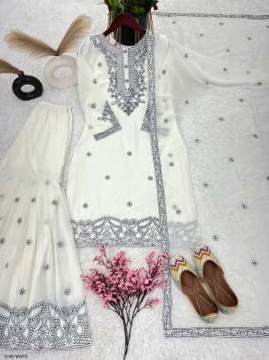 New Faux Georgette Embroidered Work White Gharara Suit