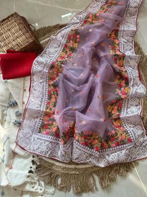 New Embroidery Work Organza Silk Lavender Saree