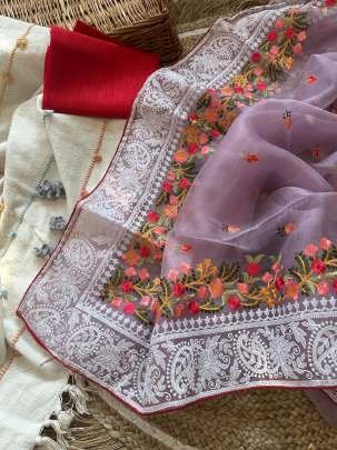 New Embroidery Work Organza Silk Lavender Saree