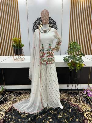 New Embroidery Work White Georgette Palazzo Suit