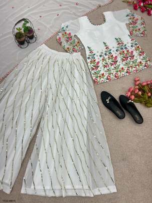 New Embroidery Work White Georgette Palazzo Suit