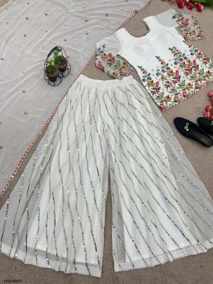 New Embroidery Work White Georgette Palazzo Suit