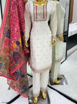 New Fancy Collection White Chinon Silk Kurti Pant Set With Dupatta