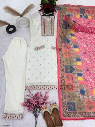 New Fancy Collection White Chinon Silk Kurti Pant Set With Dupatta