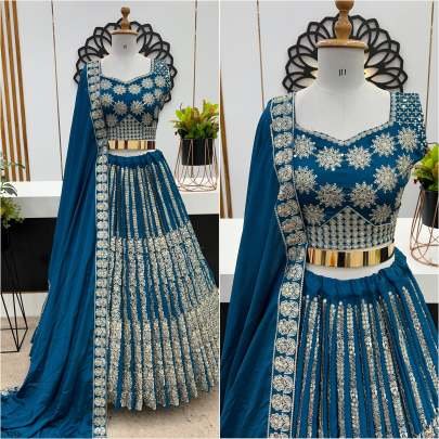 New Fancy Rama  Chinon Silk Lhenga Choli