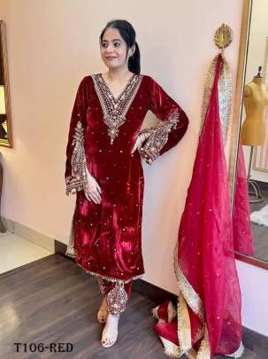 New Fancy Red Velvet Kurti Palazzo Set