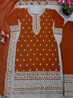 New Festival Collection Brown Kurti Bottom And Dupatta Set