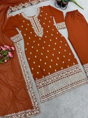 New Festival Collection Brown Kurti Bottom And Dupatta Set