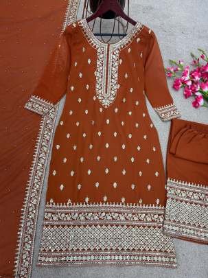 New Festival Collection Brown Kurti Bottom And Dupatta Set