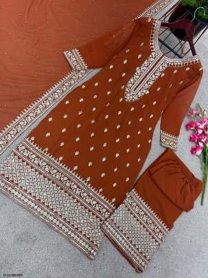 New Festival Collection Brown Kurti Bottom And Dupatta Set