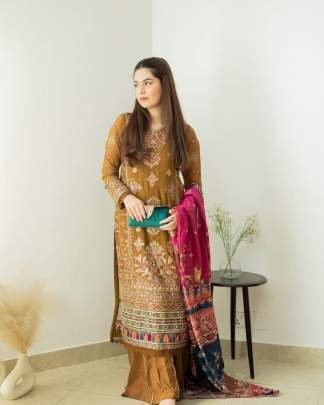 New Fox Georgette Brown Embroidery Sharara Suit