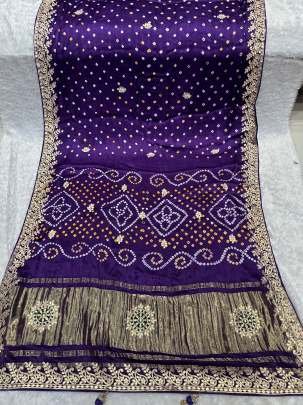 New Gujarati Traditional Purple Lagadi Patta Pure Bandhej Gajji Silk Saree