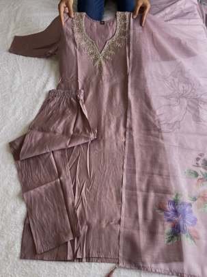 New Launching dusty lavender Kurti Pant Dupatta Set