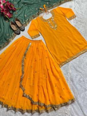 New Launching Yellow and Green Top Dhoti and Dupatta Set