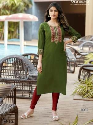 New Long  Embroidery Work Green Rayon Kurti