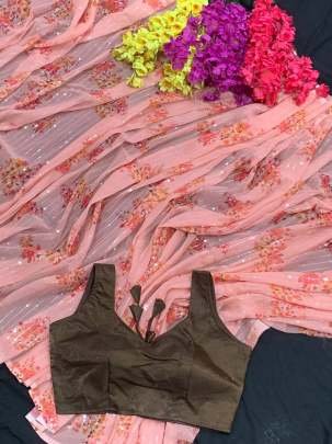 New Look Peach Sequence Work Saree With Digital Print