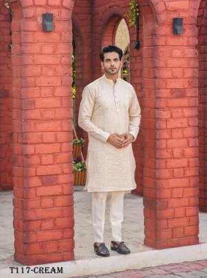 New Mens Wear Collection Cream Silk Kurta With Pajama Set 