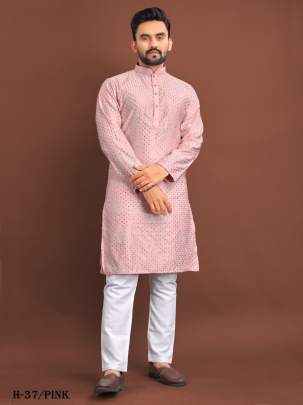 New Mens Wear Pink Jacquard Silk Kurta Pajama 