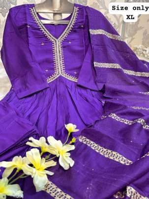 New Muslin and Silk Purple Kurti Pant With Dupatta