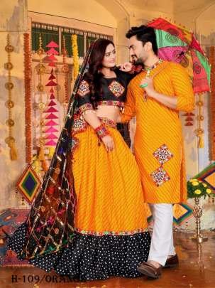 New Navratri Special Orange Cotton Ladise and Mens Couple Combo