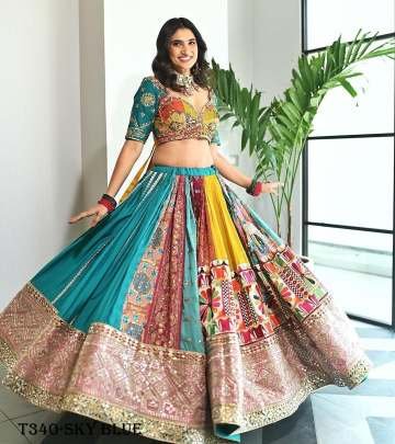 New Navratri Special Sky Blue Muslin Cotton Lehenga Choli